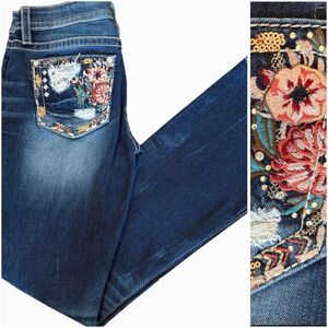 Miss Me Chloe Boot Jeans Size 27 Embroidered Floral Sequin Pockets Dark Wash